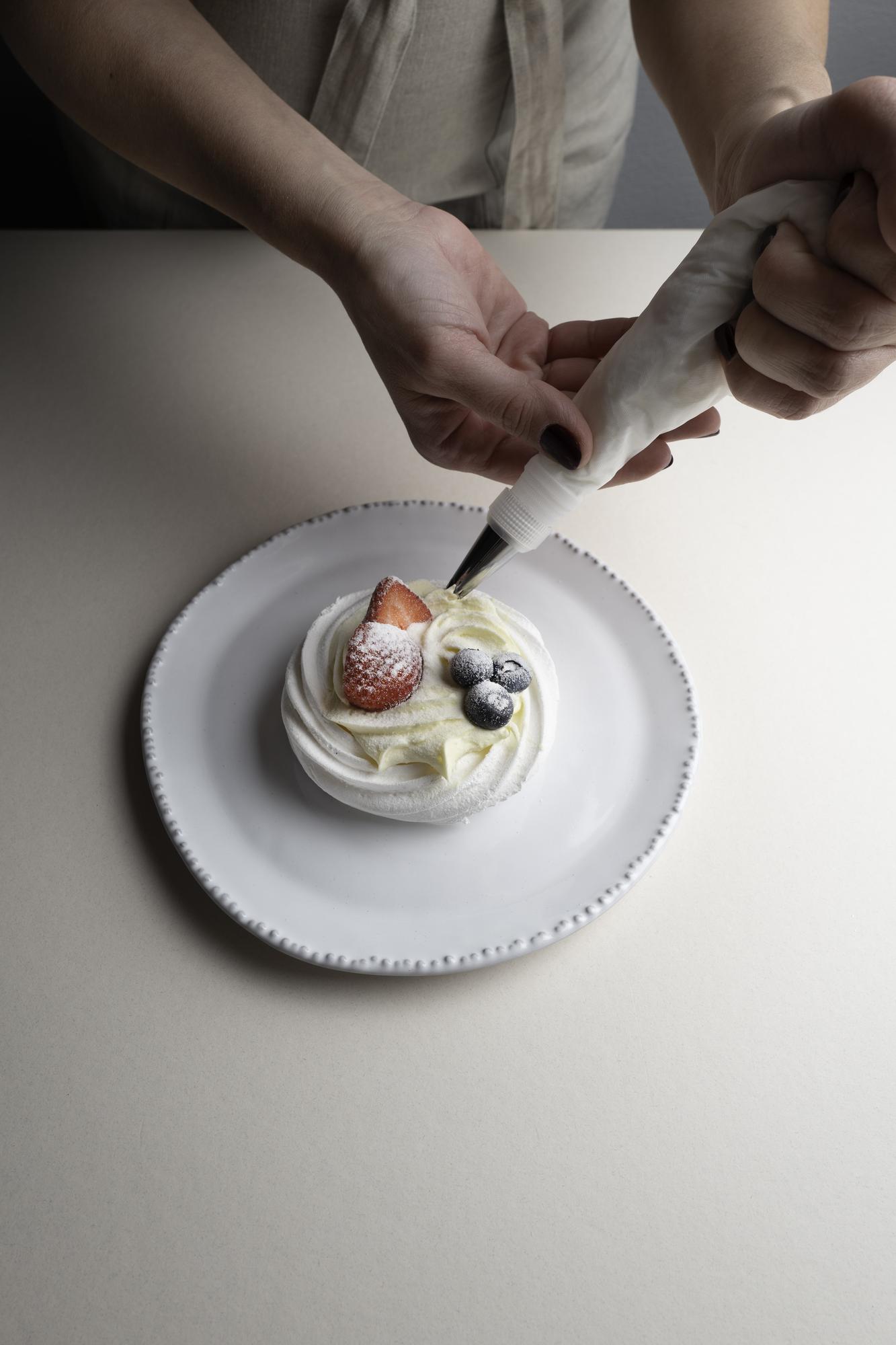 Plated dessert in studio lighting