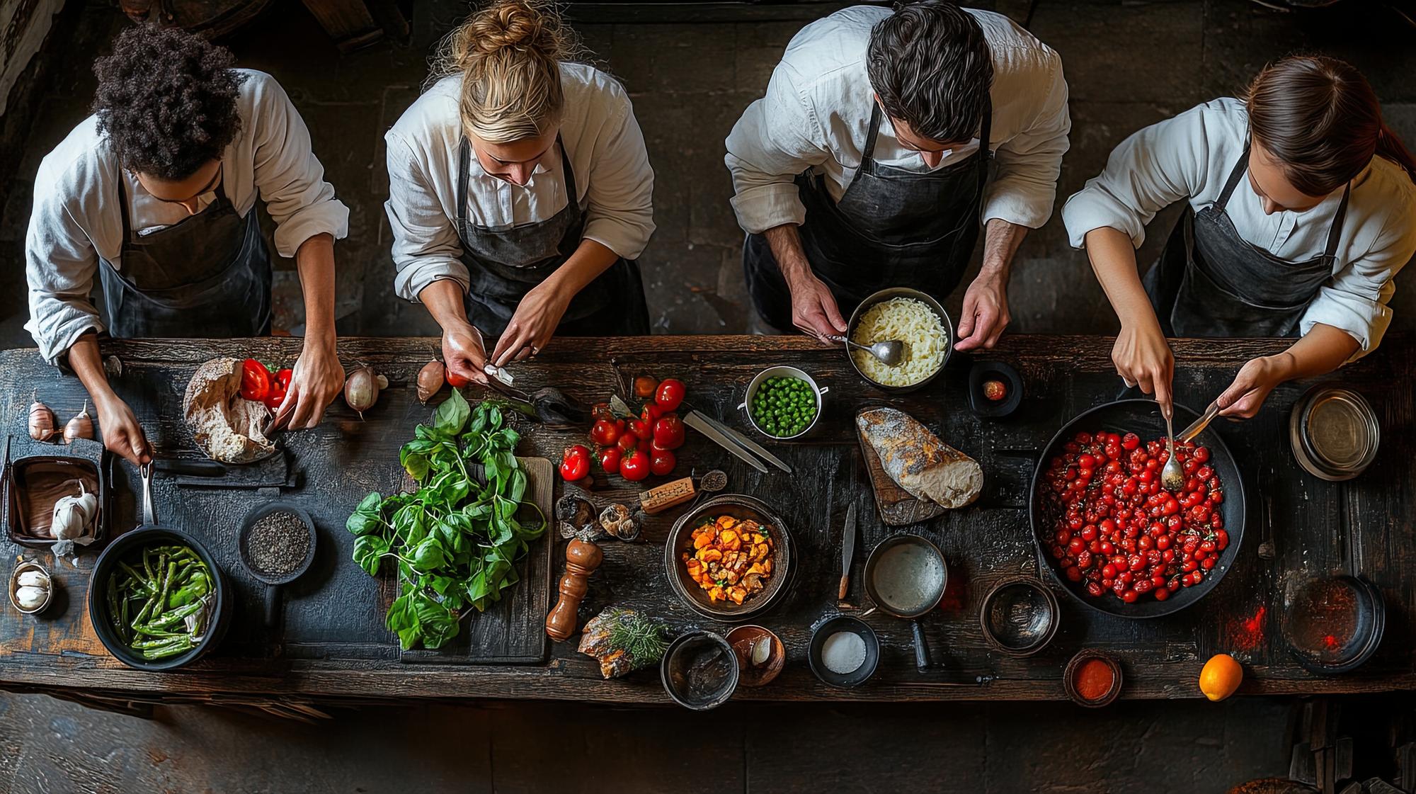 Chefs preparing ingredients in communal kitchen
