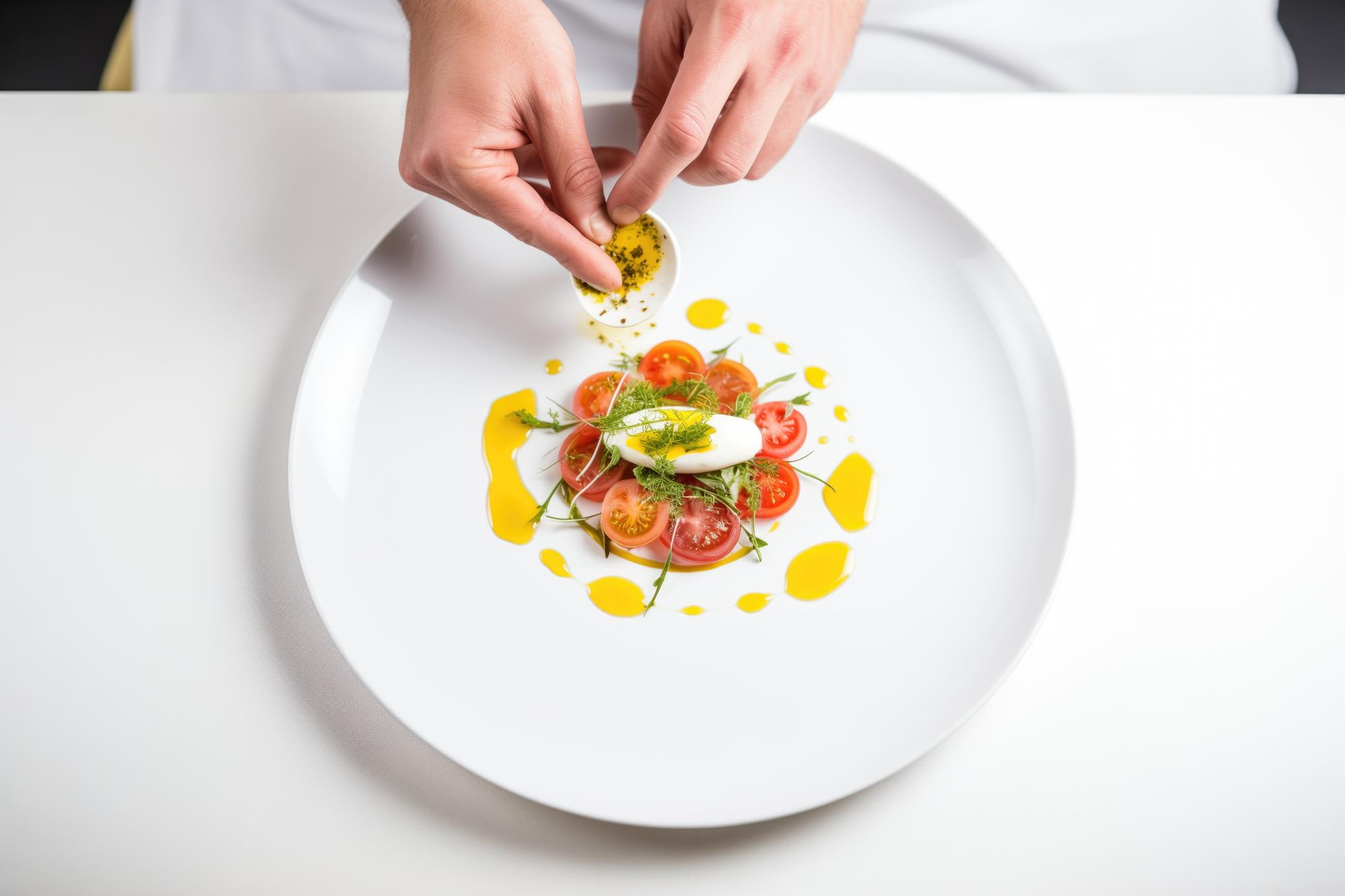 Chef arranging plated tasting menu in studio